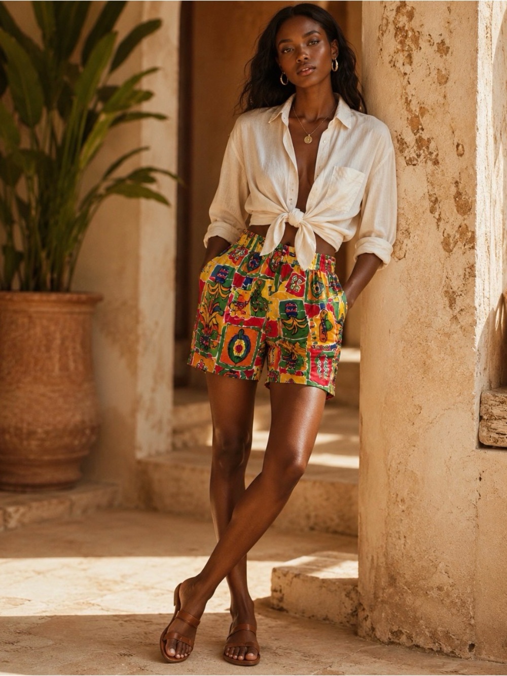 Clio Multicolor Silk Shorts in Red, Green & Yellow